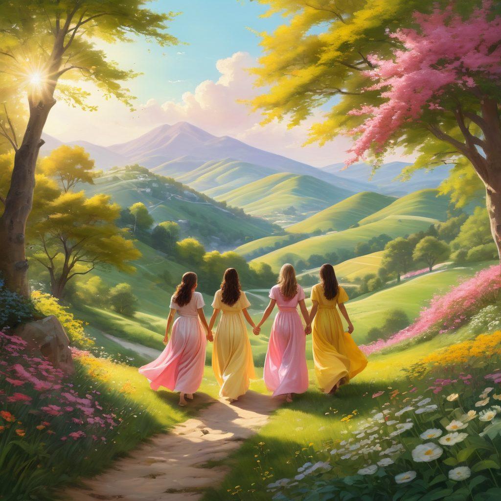 A serene landscape showcasing a group of diverse individuals embracing nature, surrounded by blooming flowers and gentle hills, radiating joy and contentment. Bright colors of yellow, pink, and green to symbolize happiness, with soft beams of sunlight illuminating their faces. Add a gentle breeze indicated by rustling leaves and flowing fabric to convey movement and bliss. super-realistic. vibrant colors. peaceful atmosphere.