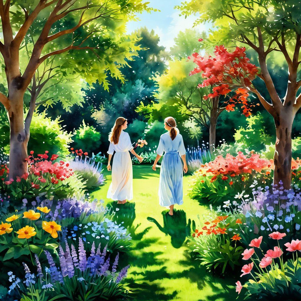 A serene landscape depicting a vibrant garden filled with blooming flowers symbolizing joy, with a glowing spirit figure gently interacting with nature. In the background, people of diverse backgrounds are joyfully engaging in daily activities, illustrating the transformative power of the Sarenki spirit. Sunlight filters through lush trees, creating an atmosphere of warmth and positivity. watercolors. soft focus. bright and uplifting.