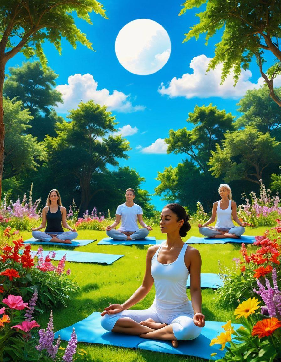 A radiant, sunlit landscape featuring a diverse group of people practicing yoga and meditation amidst vibrant flowers and lush greenery, symbolizing joy and positivity. In the background, a clear blue sky with fluffy white clouds enhances the atmosphere of exuberance, while abstract symbols of the Sarenki Concept are subtly integrated into the natural scenery. The scene should evoke feelings of peace, harmony, and empowerment. super-realistic. vibrant colors. peaceful ambiance.